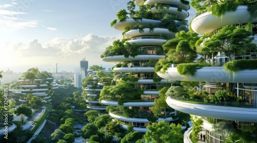 Photo The city of the future with green gardens on the balconies