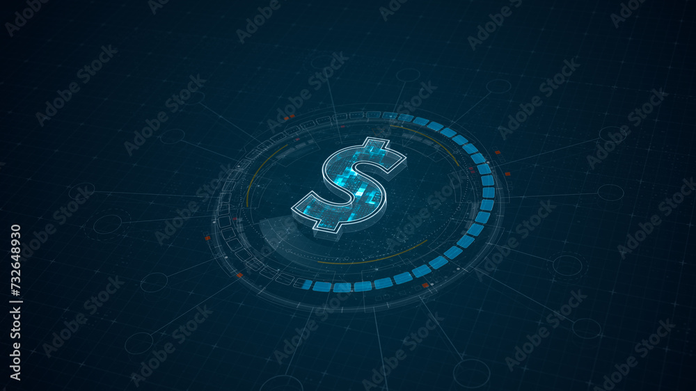 Blue digital money logo with 3D rotation HUD UI circle technology interface and futuristic elements abstract background crypto currency finance and digital money concepts