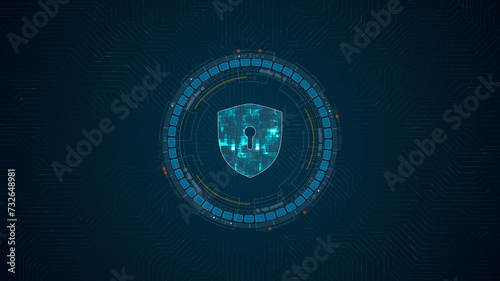 Fototapeta Naklejka Na Ścianę i Meble -  Blue digital security shield logo and circle futuristic HUD elements with network firewall technology and data secure concepts on circuit board abstract background