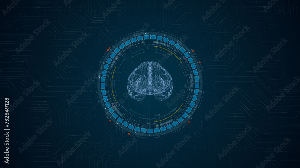 Fototapeta premium Blue digital robot brain logo and circle futuristic HUD elements with Ai chatbot and machine learning technology and ai assistance concepts on circuit board abstract background