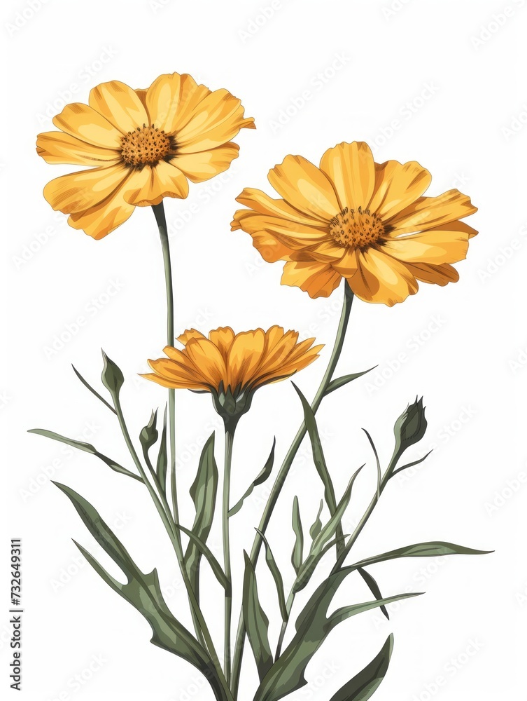 Minimalist Illustration of Yellow Calendula with White Background Generative AI