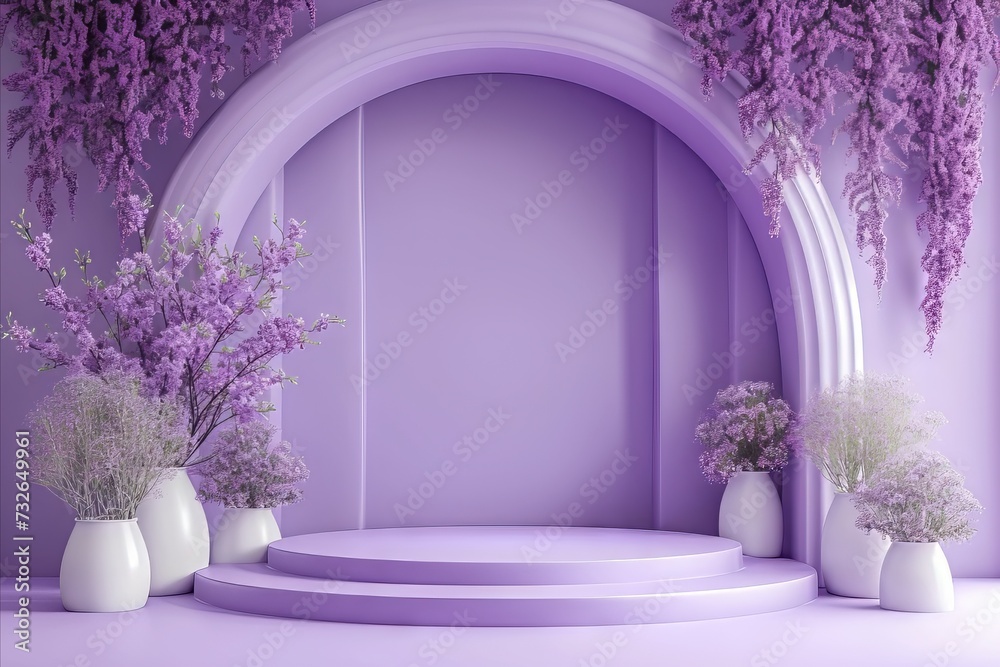 A wedding room with stage space with flowers and purple walls and lighting