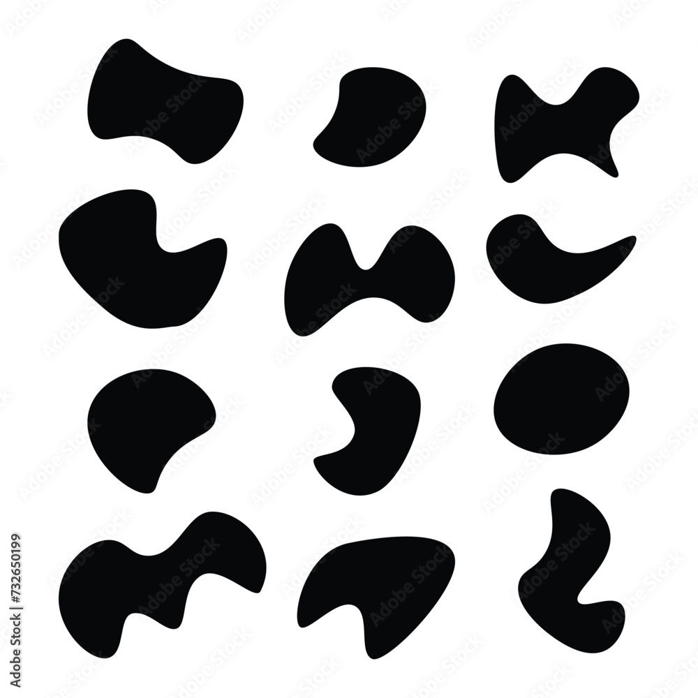 Blob shape organic set. Random black cube drops simple shapes. Pebble, inkblot, drops and stone silhouettes. Collection of paint liquid black blotch spot irregular form 