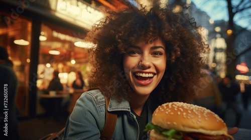 Woman taking a burger selfie at outdoor restaurant promotion Generative AI