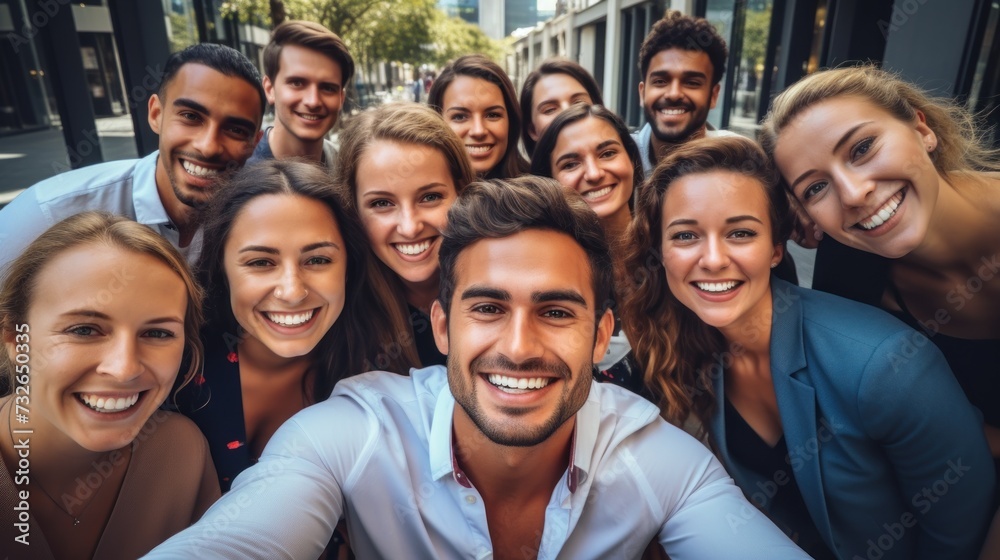 Group of people taking a selfie with corporate staff, teamwork, unity, memory, and diversity Generative AI