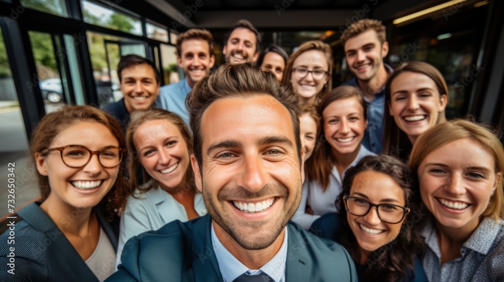 Happy office team taking a selfie Generative AI
