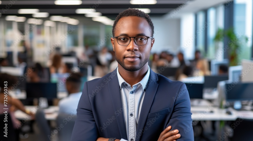 Portrait of a Happy Black Man in a Busy Office Generative AI Portrait of a Happy Black Man in a Busy Office Generative AI