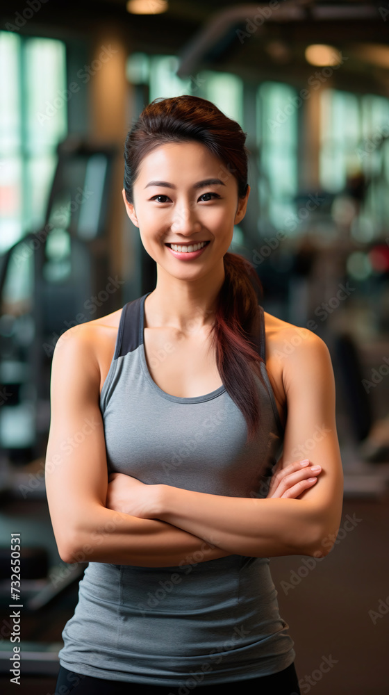 Portrait of an asian female personal trainer at a gym, looking at the camera. Portrait of an asian female personal trainer at a gym, looking at the camera.