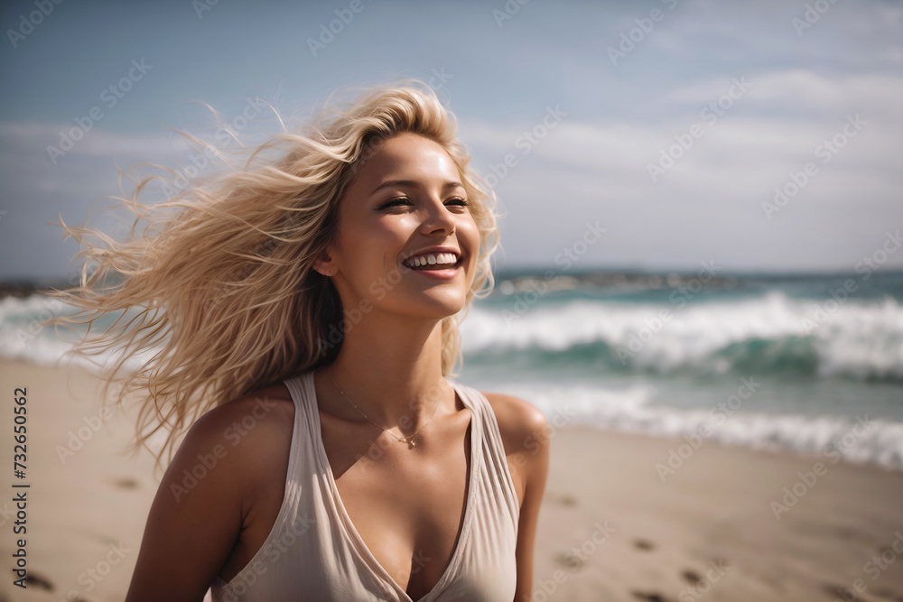 Young blonde woman smiling and joyful walking on the beach, female excited and filled with happiness enjoying her travel. Freedom, carefree, wellness, motivation, optimism, success, healthy lifestyle