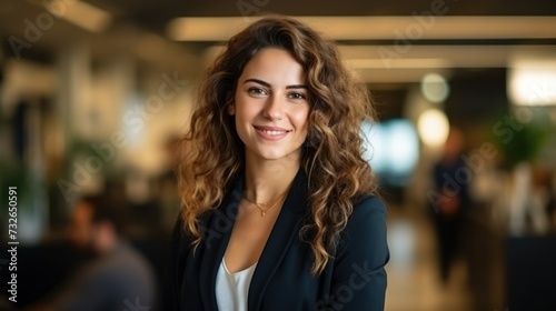Businesswoman in modern office with marketing innovation advertising idea Generative AI