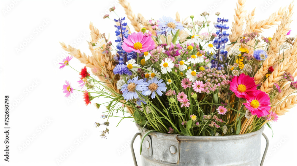 Rural Chic: Garden Tin Bucket with Bouquet of Wildflowers and Ears of Wheat on White Background, PNG Clipart with Generous Space for Your Creative Text.