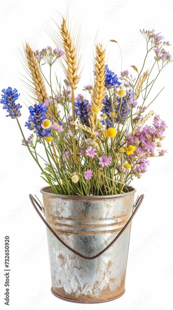 Rustic Elegance: Peasant Composition with Garden Bucket, Wildflowers and Wheat on a White Background, Delicately Designed Clipart Rustic Elegance: Peasant Composition with Garden Bucket, Wildflowers and Wheat on a White Background, Delicately Designed Clipart