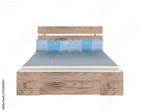 Wooden king size bed with pillows, vector