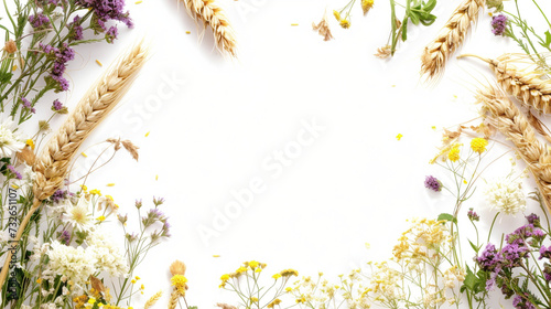 Natural Harmony: Bouquet of Flowers and Ears of Wheat as a Frame on a White Background, Clipart that Conveys a Rustic Atmosphere and Offers Generous Space for Your Unique Text.