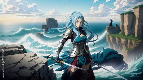 A blue-haired female warrior anime in armor stands by the sea, sword in hand, with cliffs and waves behind her. photo