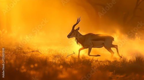 Impala silhouette against a golden sunset savanna backdrop. wildlife in natural habitat. vivid  warm colors create a tranquil scene. perfect for decor. AI