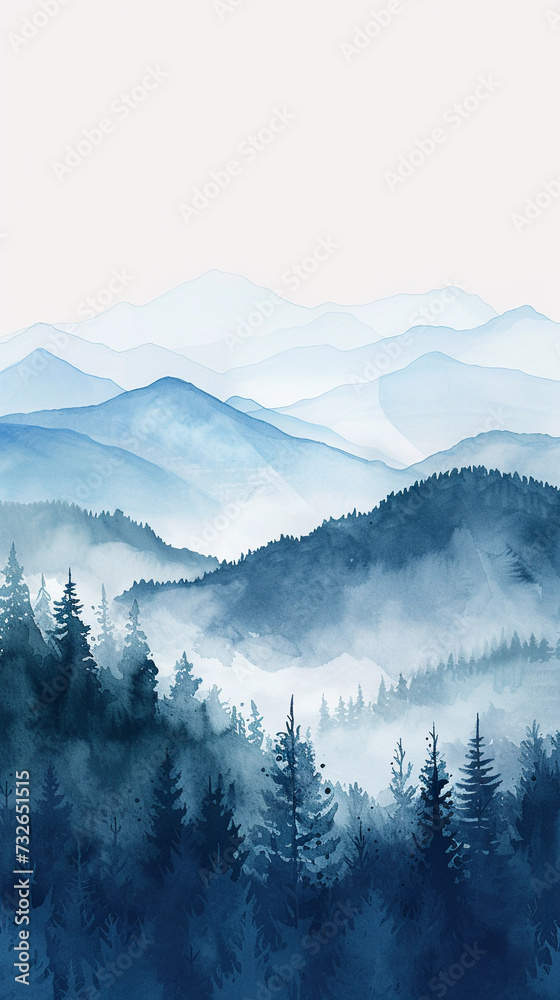 Vertical watercolor landscape of a navy blue mountain range with trees.