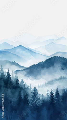 Vertical watercolor landscape of a navy blue mountain range with trees.