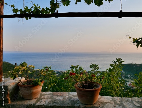 Ionian Coast at sunset, seen from terrace in Old Himarë castle, Albania. photo