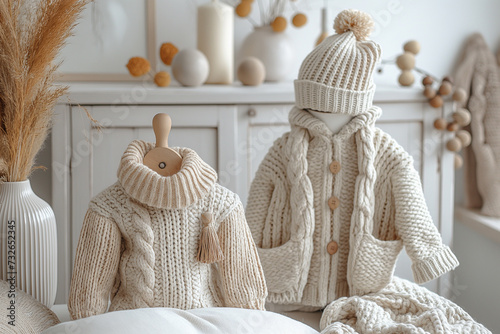 Children's knitted clothes in neutral tones