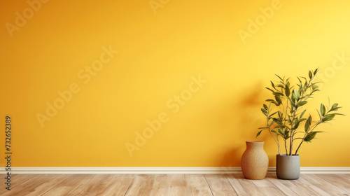 A painted yellow wall background with copy space, minimalist interior design, providing a warm backdrop to a textured vase and a potted green plant resting on a polished wooden floor