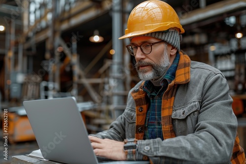 Mature architect working on laptop at construction site