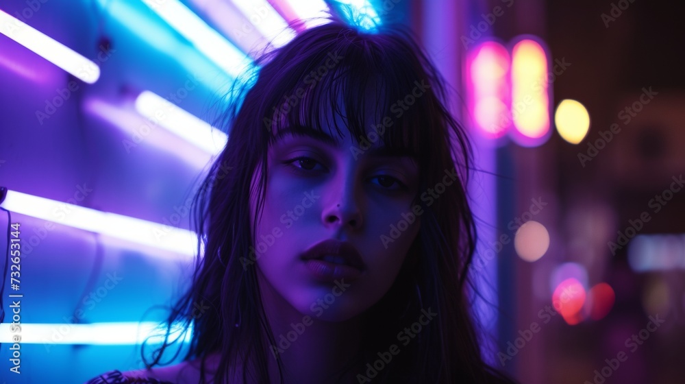 vaporwave American culture futuristic portrait, Los Angeles nightlife and purple blue lights