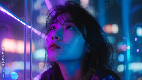  Vaporwave with asian beautiful Girl  luxury clubbing in purple night. Nightlife cyberpunk scenario. Woman with neon lights reflecting on her face in a city at night.