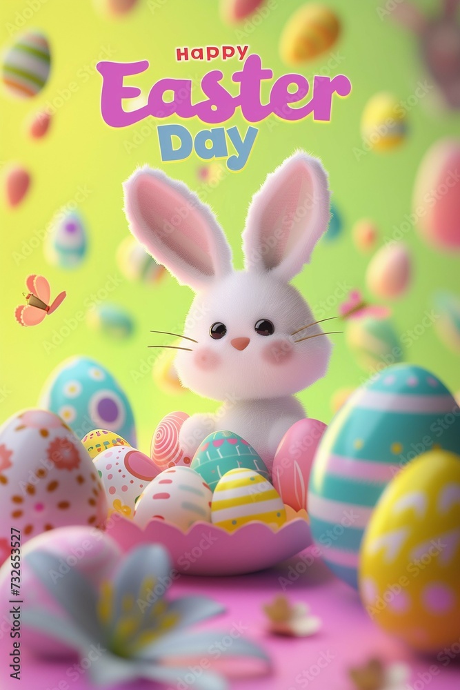 colorful easter postcard for easter festival with bunny, easter eggs and the words 