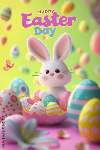 colorful easter postcard for easter festival with bunny, easter eggs and the words "Happy Easter Day"