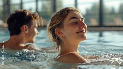 A woman and a man are enjoying a relaxing time in a sunlit indoor swimming pool, with the woman in the foreground closing her eyes and smiling contentedly.