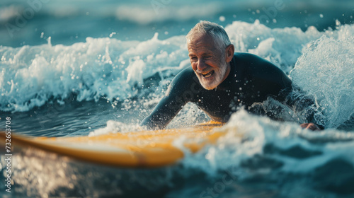 An active senior man in a wetsuit is surfing a wave, skillfully balancing on his surfboard with a focused expression. © MP Studio