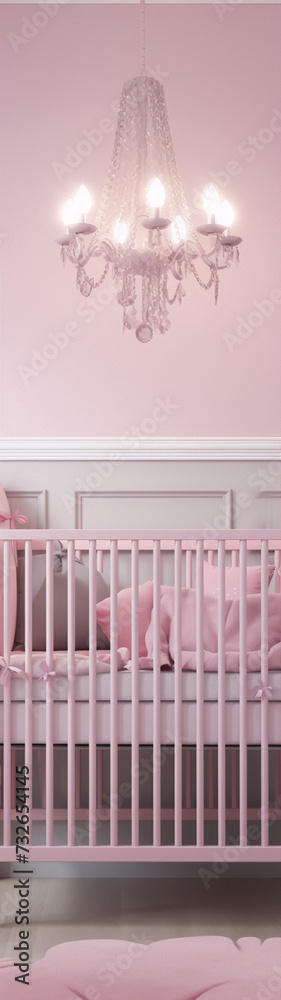 Pink and White Baby Crib with Chandelier, Elegant and Classic Nursery Design for a New Arrival.
Pink and White Baby Crib with Chandelier, Elegant and Classic Nursery Design for a New Arrival.