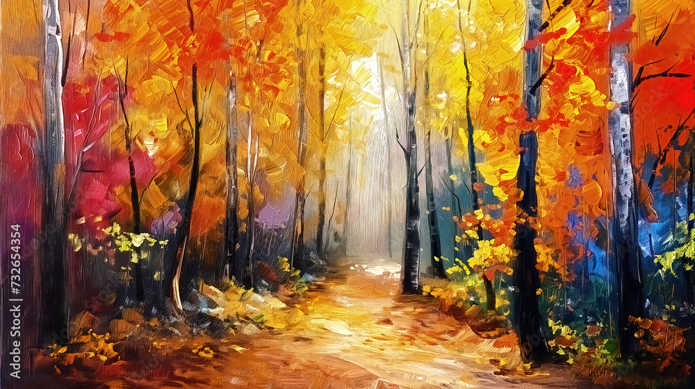 An autumn trees with orange yellow leaves, beautiful autumn landscape, oil painting on canvas. An autumn trees with orange yellow leaves, beautiful autumn landscape, oil painting on canvas.