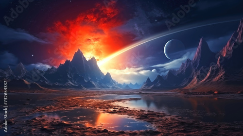Alien planet landscape with...