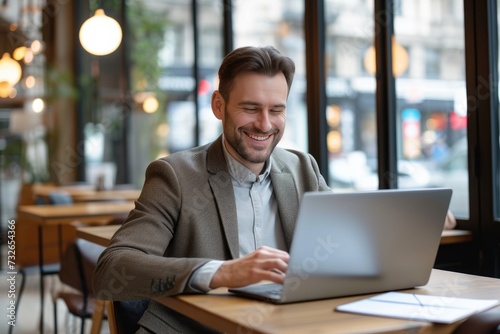 Mature businessman wearing suit smiling happily looking at laptop