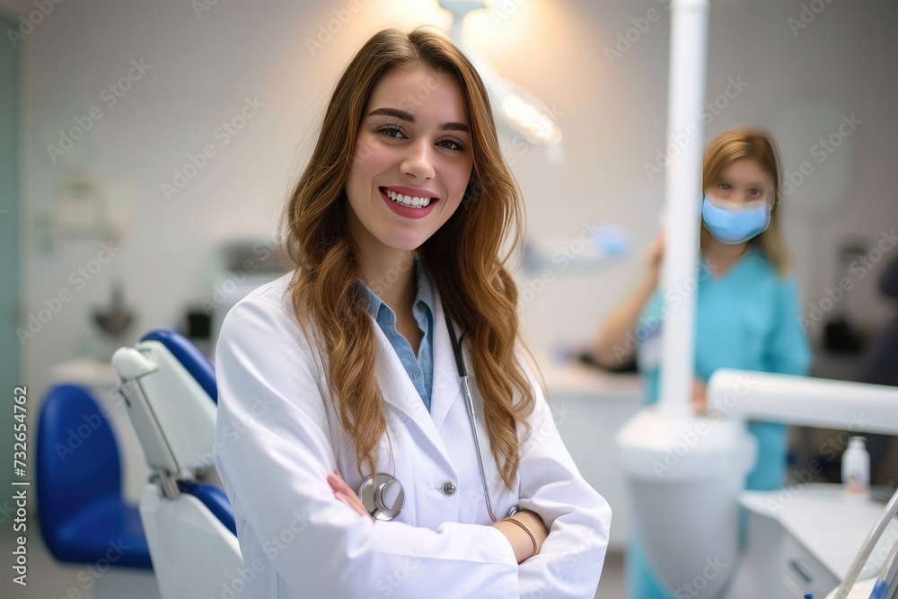 Fototapeta premium Happy young woman dentist with blurred office background