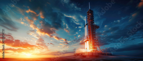 space rocket on launch pad, panoramic shot of the sky and the setting sun in the background. photo