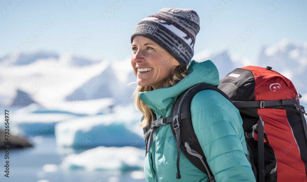Antarctic Polar Expedition: A Happy Tourist Woman with a Backpack Explores Antarctica's Adventurous Terrain, Surrounded by Towering Icebergs and Pristine Snowfields



