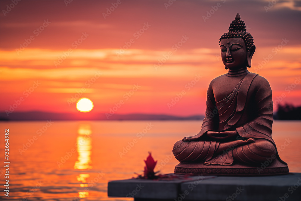 Buddha figure by the sea with a beautiful sunset.