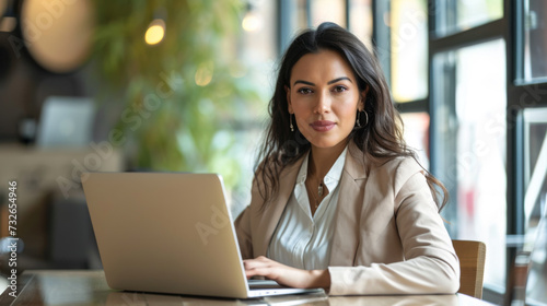 professional woman is sitting with a laptop