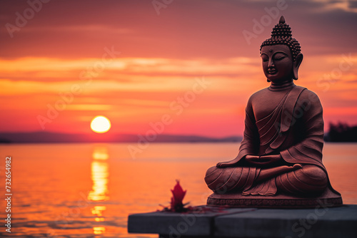 Buddha figure by the sea with a beautiful sunset.