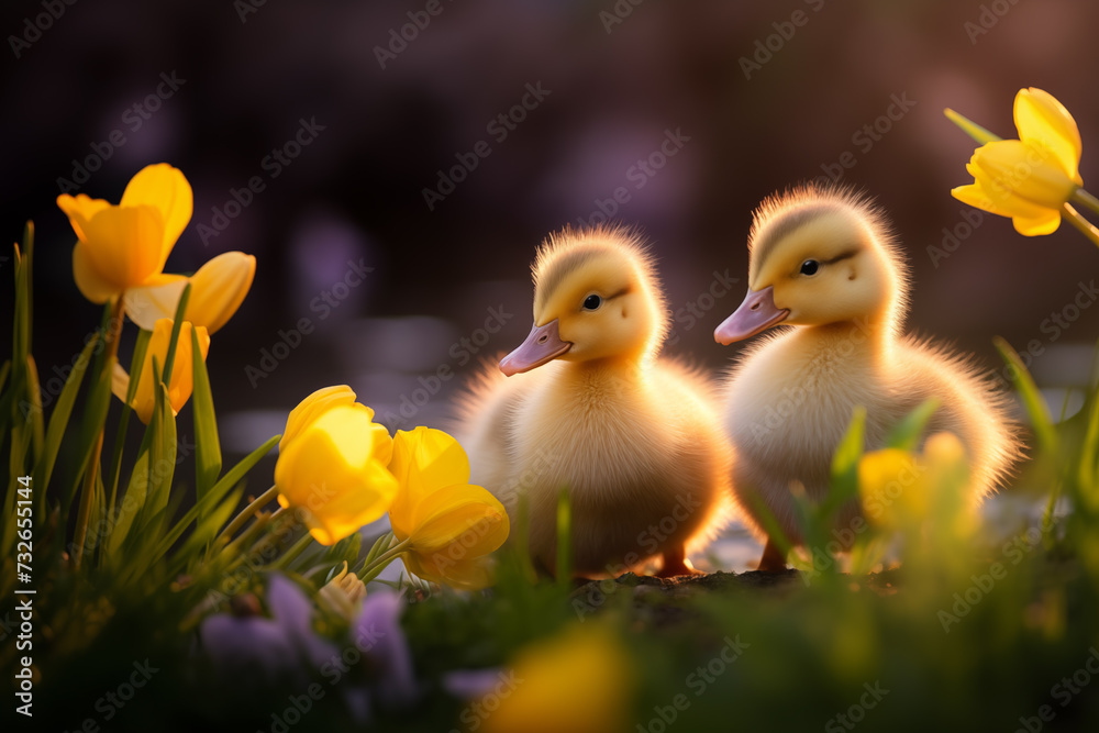 Spring flowers background. Happy Easter ducklings