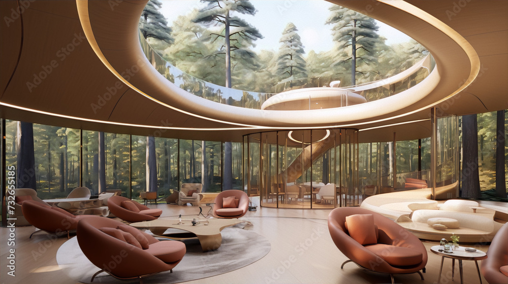 Fototapeta premium Modern living room with circular skylight, offering panoramic forest views and a sense of tranquility. 