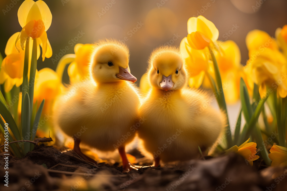 Spring flowers background. Happy Easter ducklings