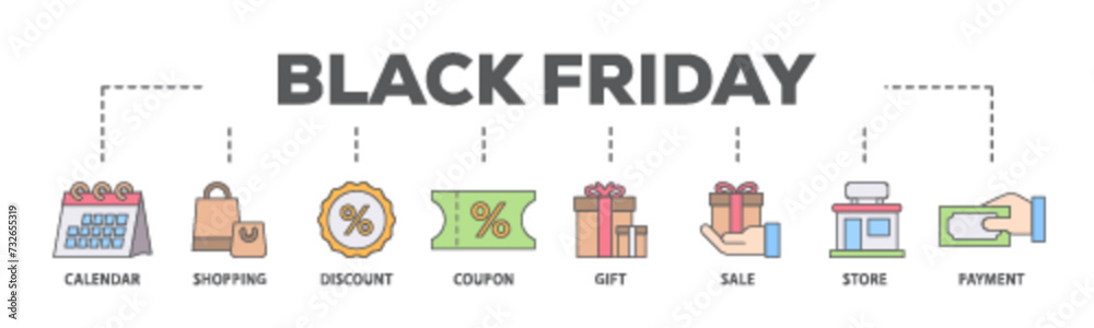 Black friday banner web icon illustration concept with icon of calendar, shopping, discount, coupon, gift, sale, store, payment icon live stroke and easy to edit Black friday banner web icon illustration concept with icon of calendar, shopping, discount, coupon, gift, sale, store, payment icon live stroke and easy to edit