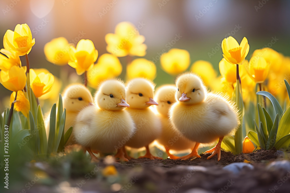 Spring flowers background. Happy Easter chickens