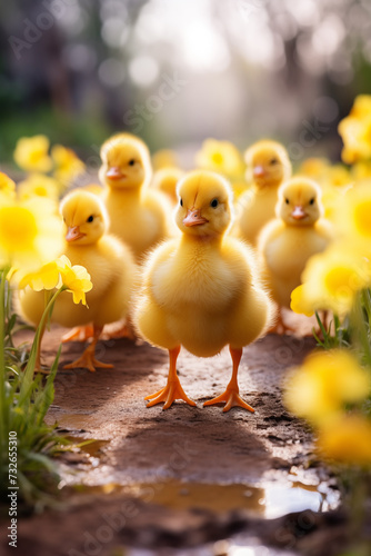 Spring flowers background. Happy Easter chickens