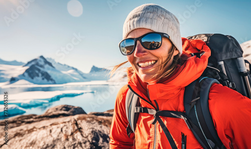 Antarctic Polar Expedition: A Happy Tourist Woman with a Backpack Explores Antarctica's Adventurous Terrain, Surrounded by Towering Icebergs and Pristine Snowfields