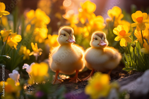 Spring flowers background. Happy Easter ducklings